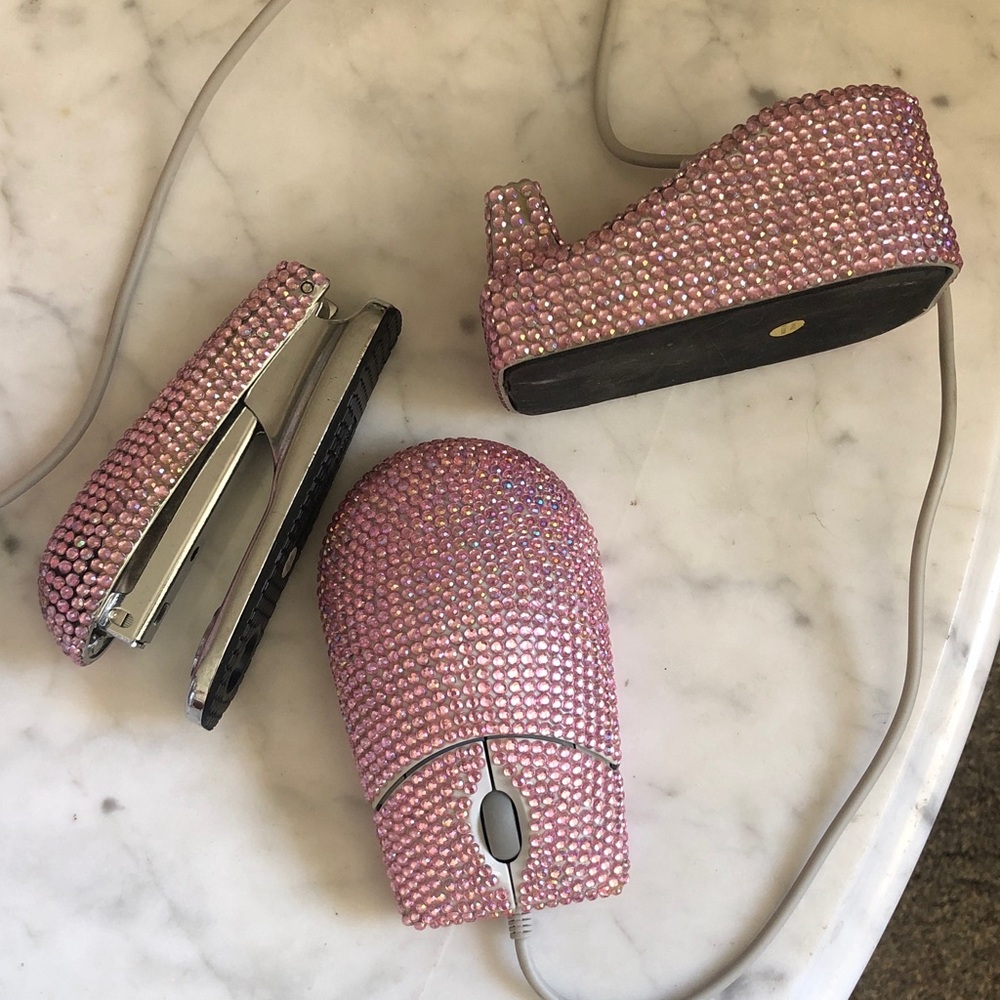 Pink Rhinestone Computer Mouse, tape & stapler 3pc set! Vintage! - Picture 4 of 12